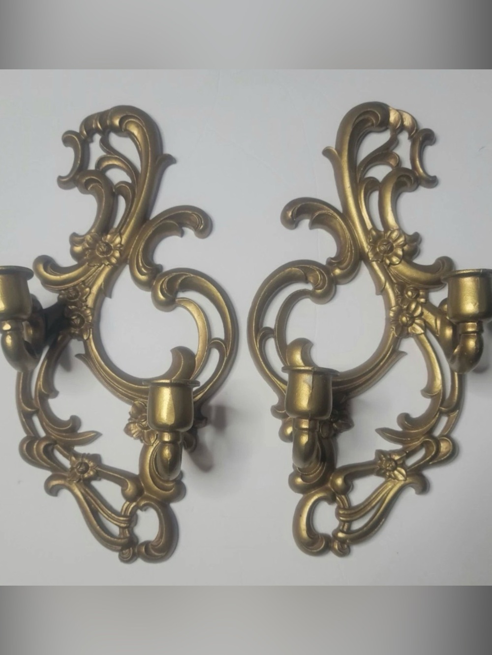 Antique SEXTON Candle Sconces Scrolled Cast Metal Wall Mount Pair Romantic